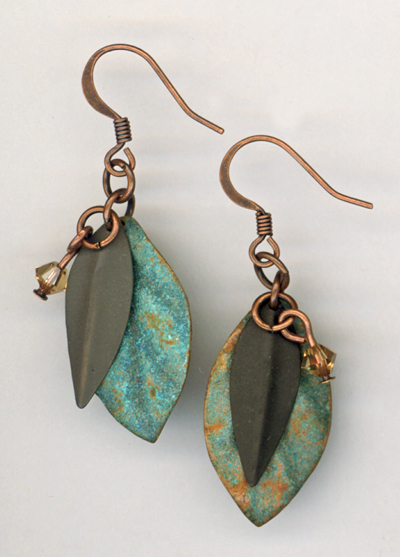 blue patina leaves metal earrings