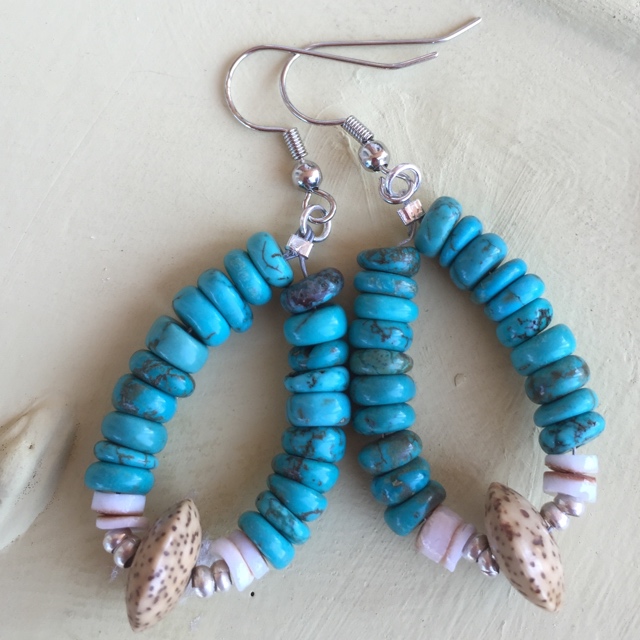 Boho turquoise Heishi hoop earrings  