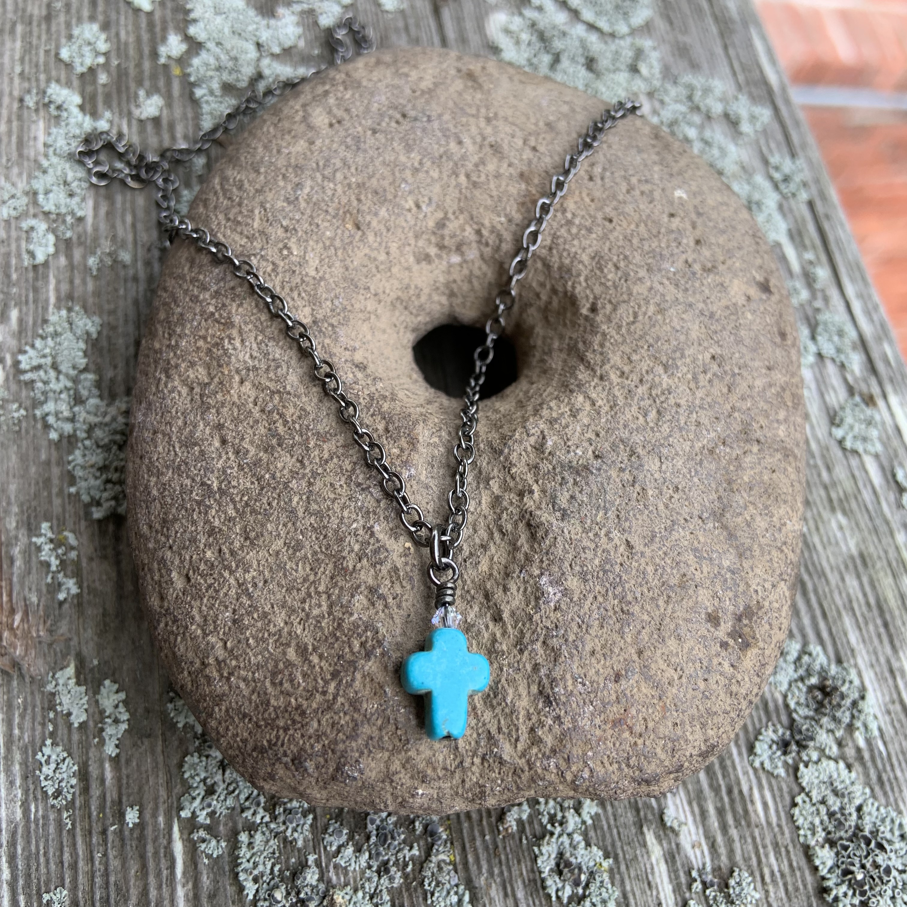 Turquoise Cross Pendant Gun Metal Necklace