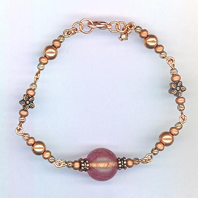 Copper  & Pink Italian Glass Bead Link Bracelet