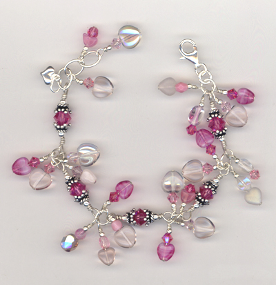 Pretty Pink Rose Hearts Charm Bracelet