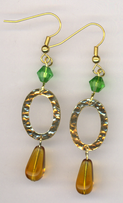Green Amber Gold Hammered Link Earrings