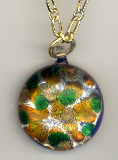 Art Glass Pendant ~ Green Amber Gold Chain Necklace