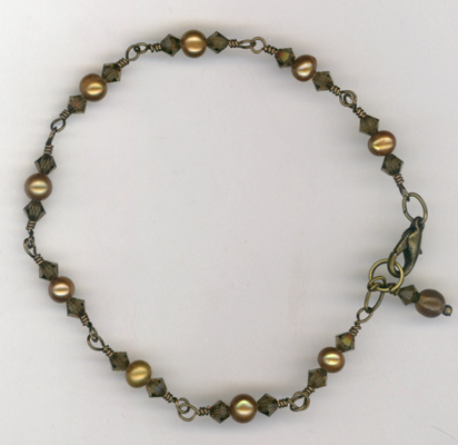 Antique Golden Copper Crystal Pearl Bracelet