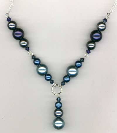 Triple Shades of Blue Pearl and Crystal Necklace
