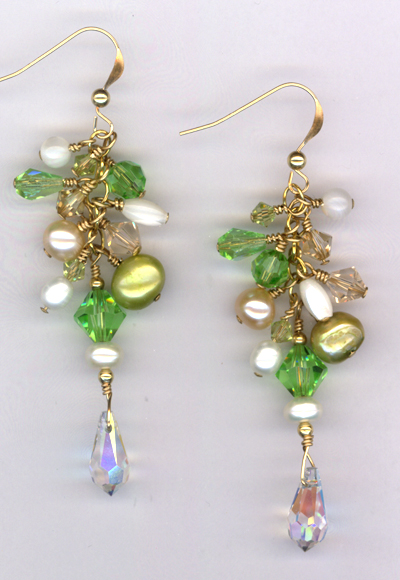 Golden Summer Breeze Pearl Crystal cluster Earrings