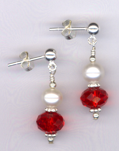 Beloved ~ Red Crystal White Pearl Sterling Post Earrings