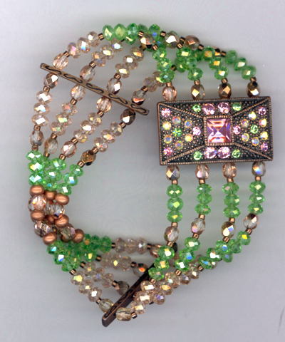 Opera Night ~ Copper Pink Green Crystal Stretch Cuff Bracelet