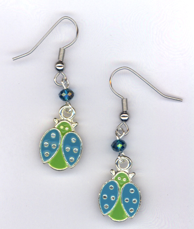 Lady Bug, Lady Bug ~ Green/Blue Crystal Charm Earrings