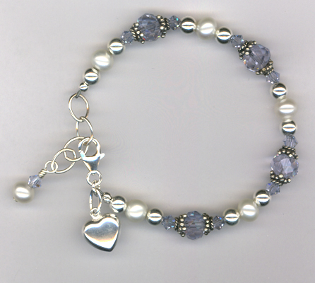 Lavender Blue ~ Crystal Pearl Heart Charm Bracelet