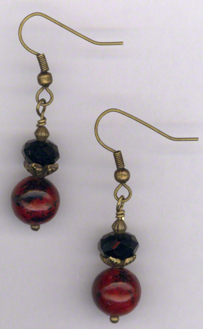 Antique Gold Red Chrysocolla Jet Crystal Earrings
