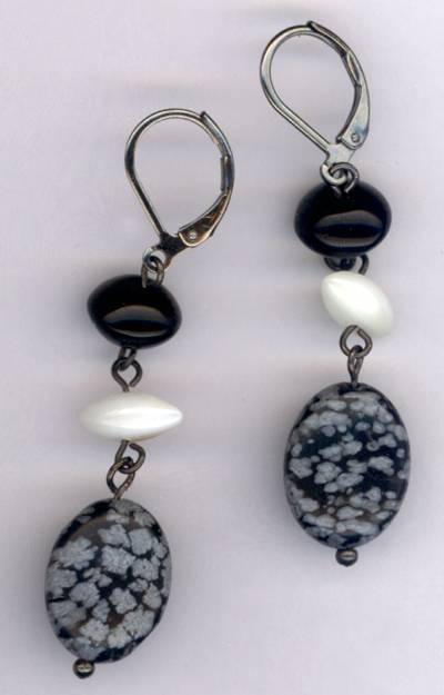 Black and White ~ Gemstone Pearl Crystal Triple Dangle Earrings