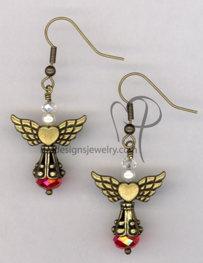 Angels Wings ~ Red Crystal Swaroski Pearl Antiqued Gold Earrings