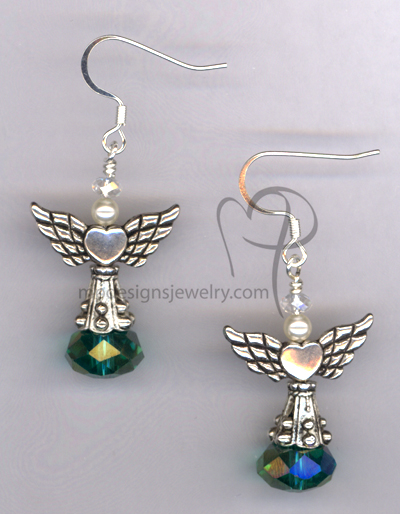 Angels Wings ~ Emerald Green Crystal Swarovski Pearl Silver Earrings