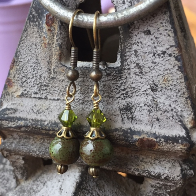 Forest Green Ceramic Swarovski Crystal Bronze Earrings 