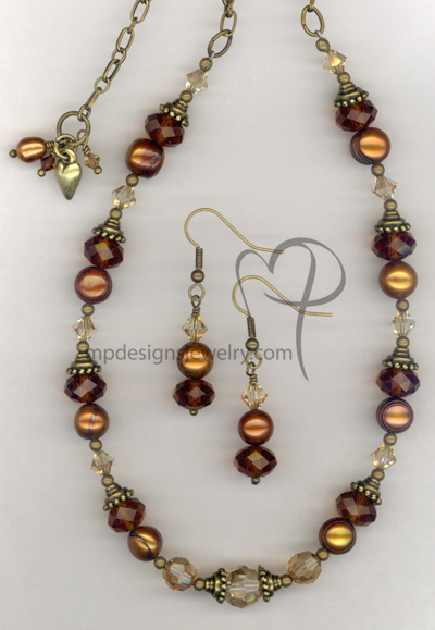 Melt My Heart  ~ Copper Pearl Swarovski Crystal Antiqued Gold Necklace Earrings Set