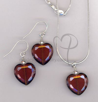 Love Me Forever  ~ Merlot Red Crystal Hear Sterling Silver Necklace Earring Set