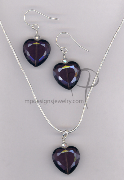 Love Me Forever ~ Purple Crystal Heart Necklace Earrings Set