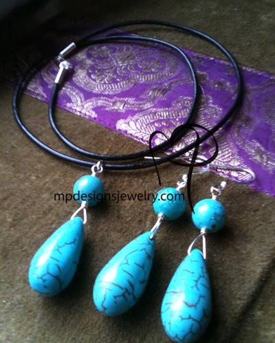 Turquoise Blue ~ Black Leather Necklace/Earrings Jewelry Set