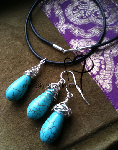 Turquoise Twisted Blue ~ Sterling Silver Black Leather Gemstone Necklace Earrings Jewelry Set