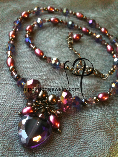 Passion ~ Purple Crystal Heart Pearl Cluster Necklace