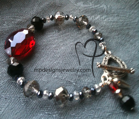 Big, Bold, and Beautiful -Black Red Crystal  Filiagree Charm Bracelet
