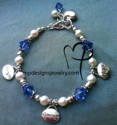 Never Give Up! Strength, Courage, Hope Crystal Pearl Sterling Silver Charm Bracelet