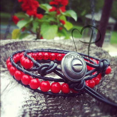 Unisex Black Greek Leather Red Wrapped Bracelet