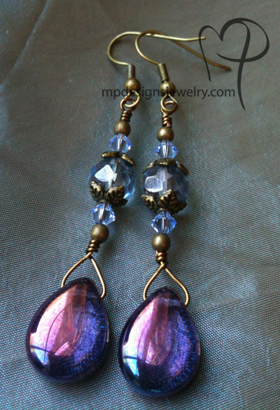 Violet Teardrop Crystal Brass Earrings