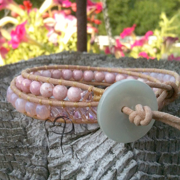 Pastel Pink Leather Double Wrapped Beaded Bracelet