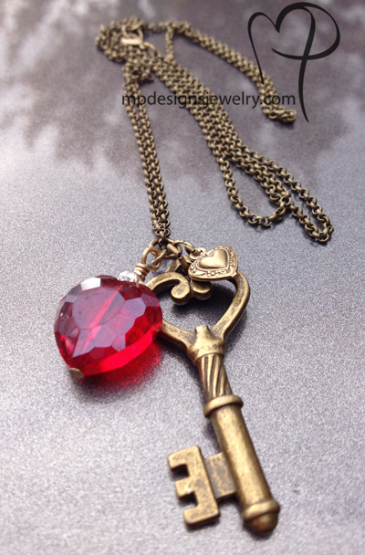 Love is the Key ~ red Crystal Heart Antiqued Gold Brass Necklace