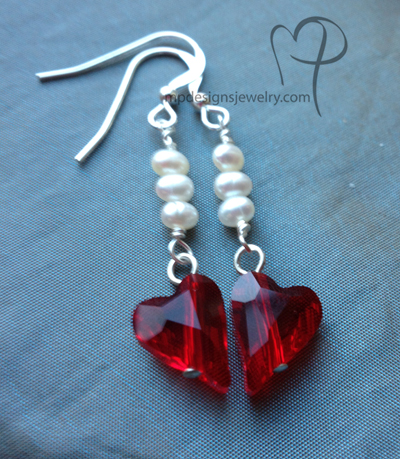 Pure Hearts! Red Swarovski Crystal White Pearl Sterling Silver Earrings