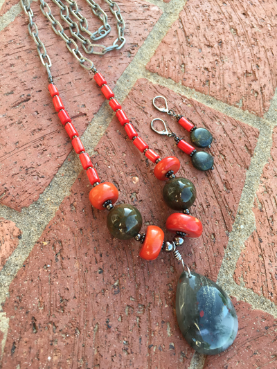 Coral Gemstone Pendant Necklace/Earrings Set