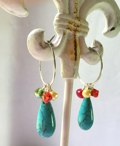 turquoise multi gem ss hoop 2 earrings