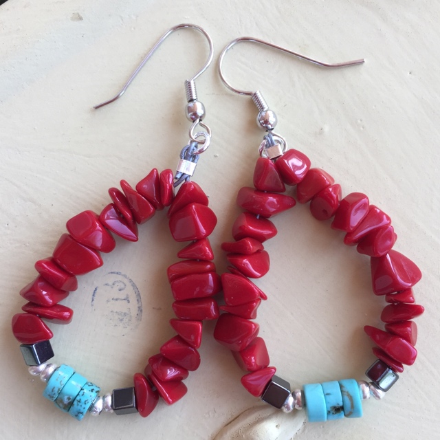 Boho Red coral turquoise Heishi hoop earrings 