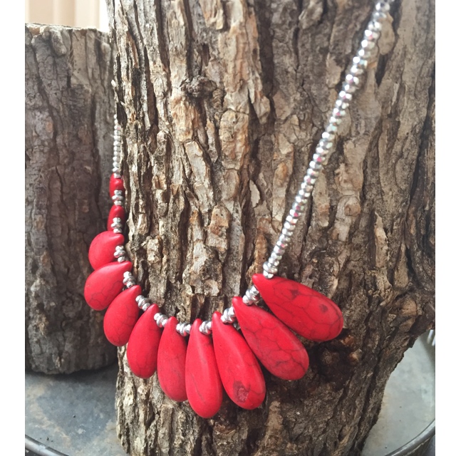 Red Turquoise Teardrop silver Statement necklace 