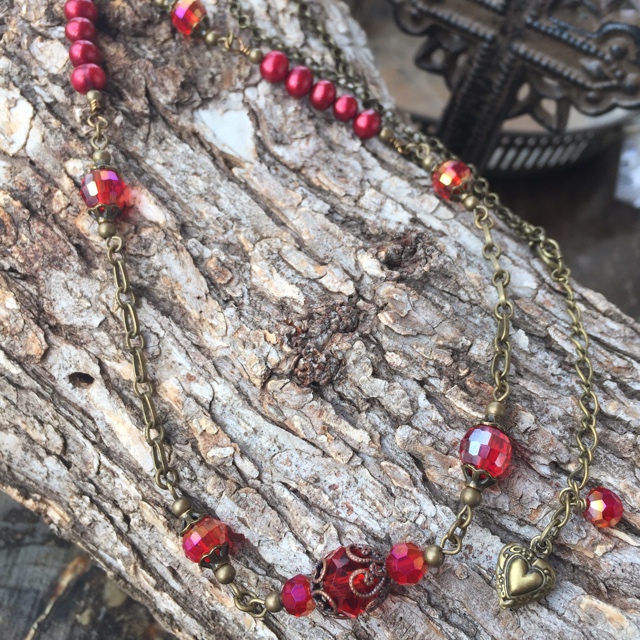 Victoria Valentine Red Crystal Antiqued Gold Necklace
