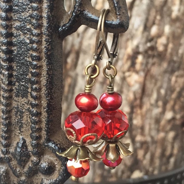 Victoria Valentine Red Crystal Antiqued Gold Earrings
