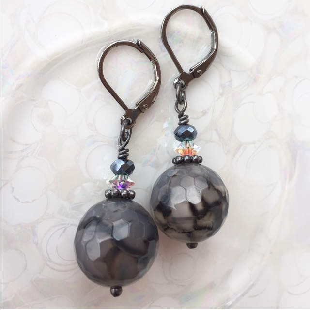 Silver Crazy Lace Agate Gemstone Crystal Black Earrings