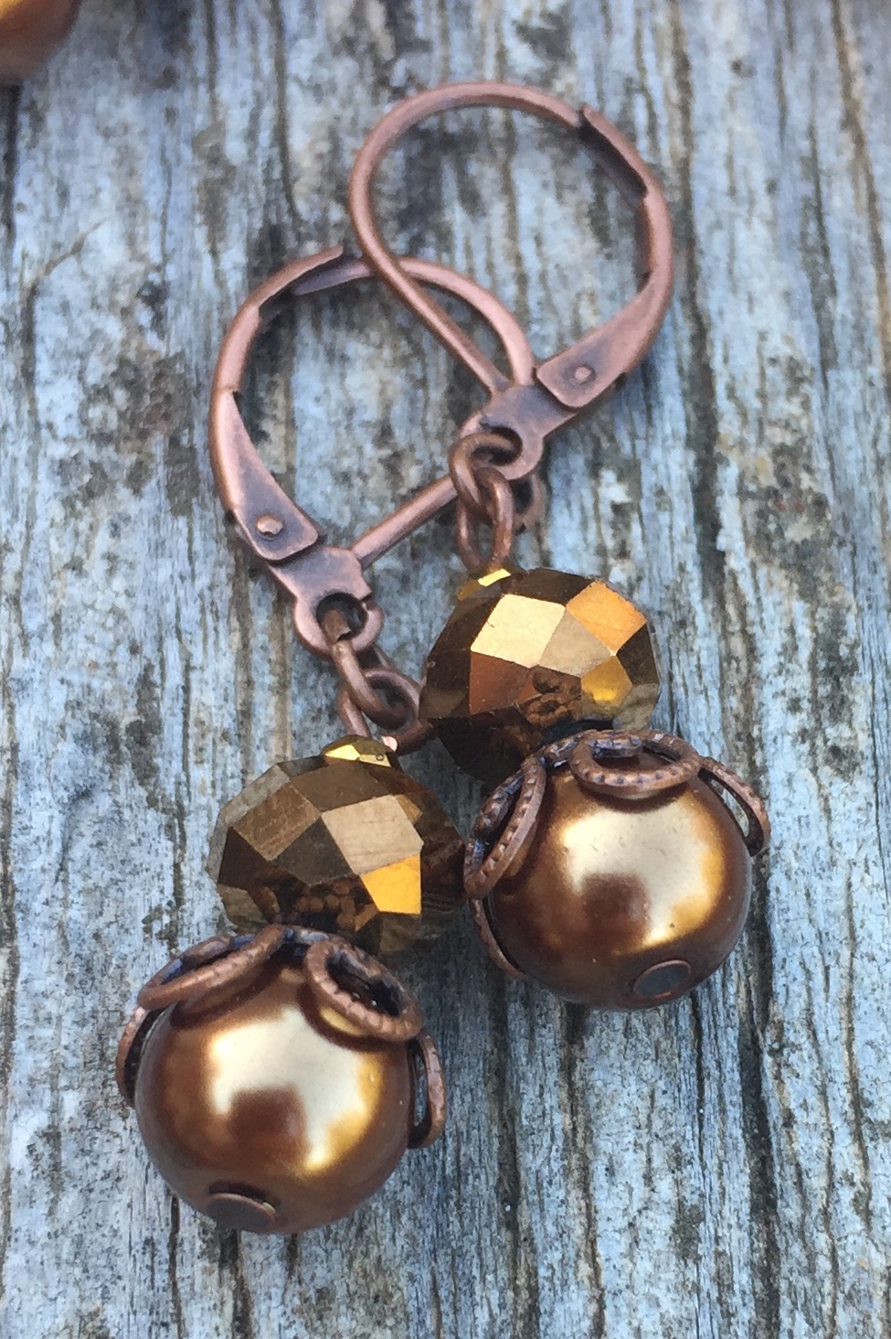 Spicey Suede Oak Crystal Copper Pearl Earrings 1