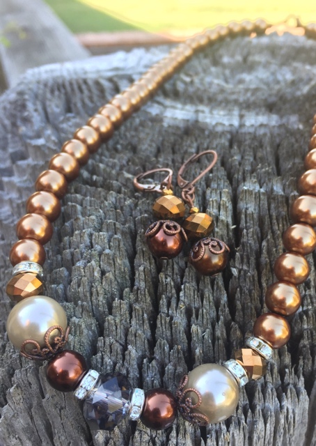 Spicy Suede Oak Crystal Copper Pearl Fall Jewelry Set