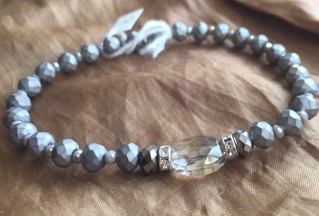 Skinny Opaque Grey Silver Crystal Stretch Stacking Bracelet 