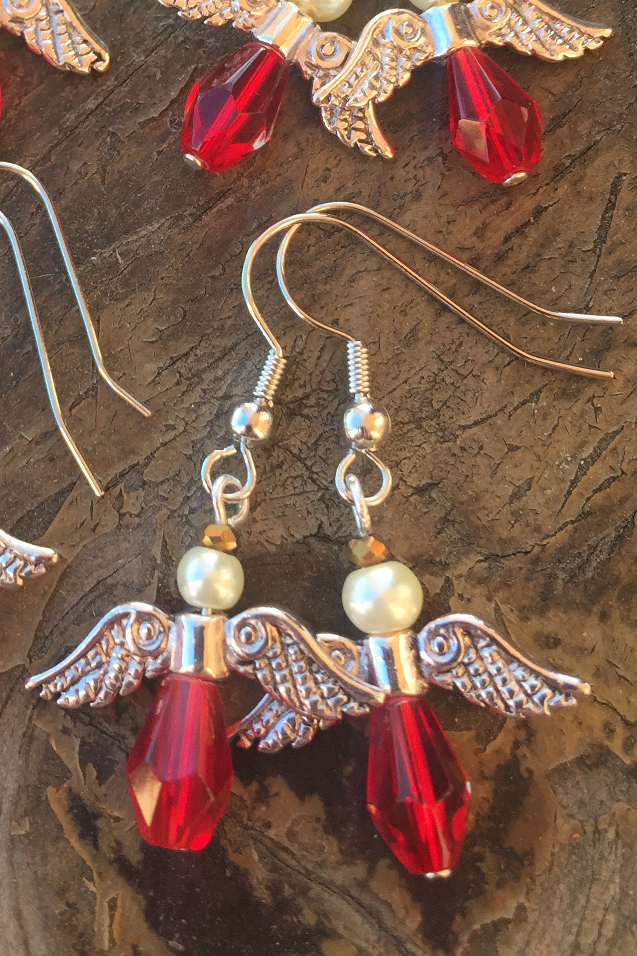 Red crystal small angel silver earrings 