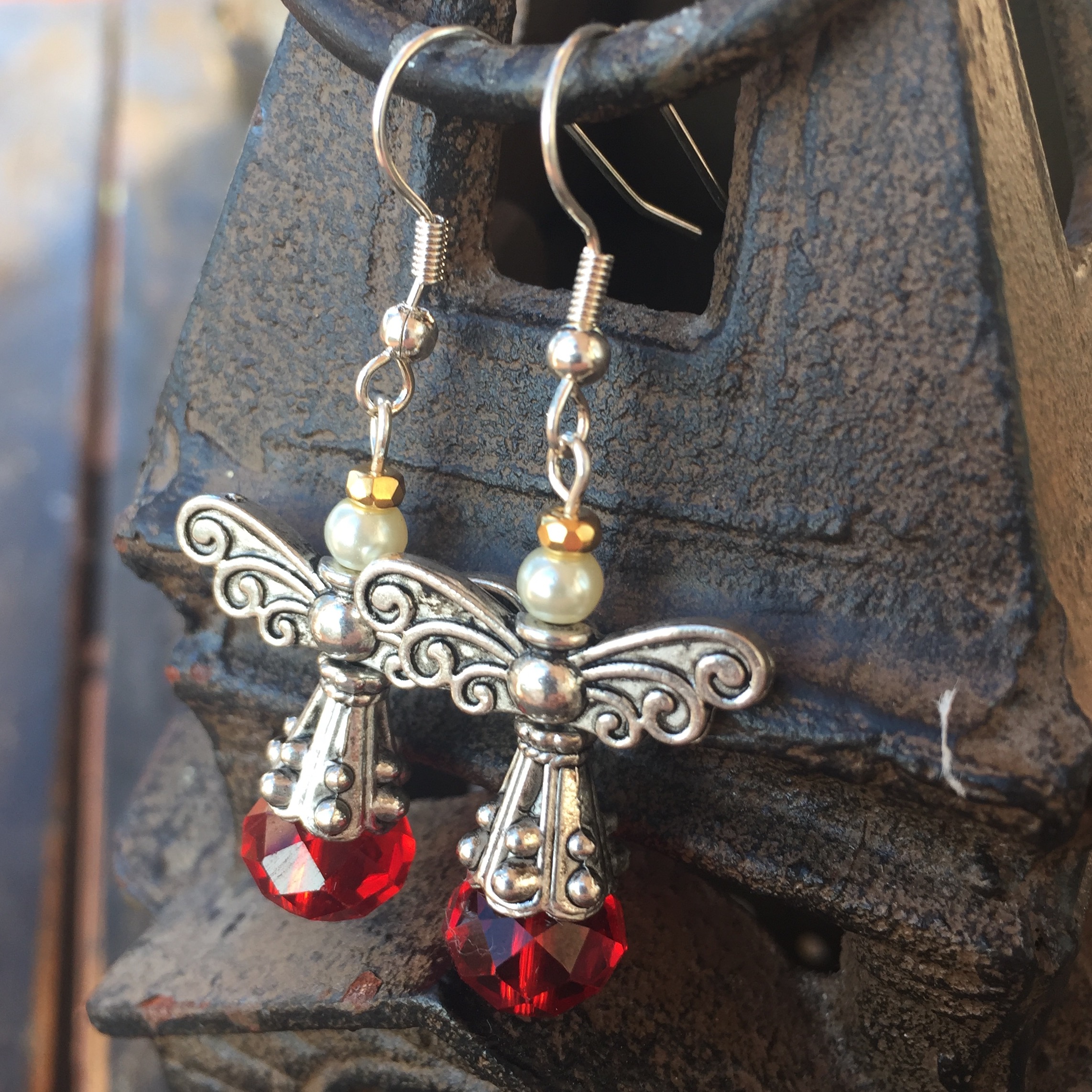 Heaven and Nature Sing Red Crystal Silver Pewter Angel Earrings