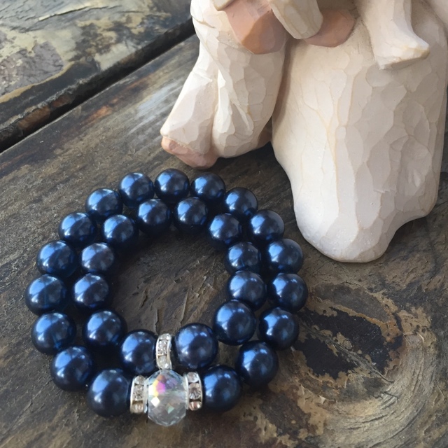 Mommy and Me Matching Indigo Blue Glass Pearl Crystal Stretch Bracelets 
