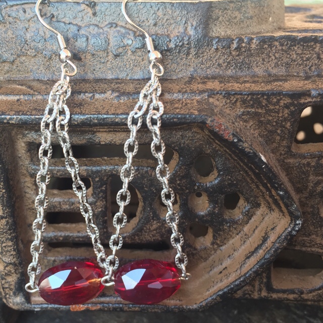 Red Quartz Crystal Chandelier Chain Earrings