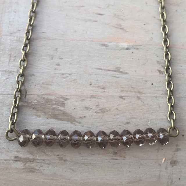 Antiqued Brass Gold Smokey  Taupe Crystal Bar Necklace