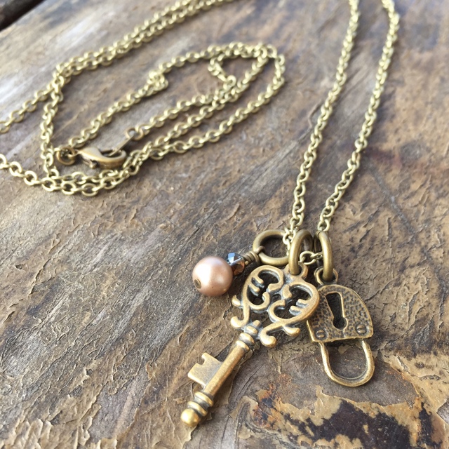 Unlock My Heart ~ Brass Pearl Crystal Charm Necklace 