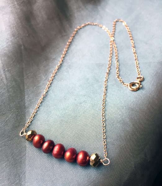 Garnet Pearl Gold Bar Necklace