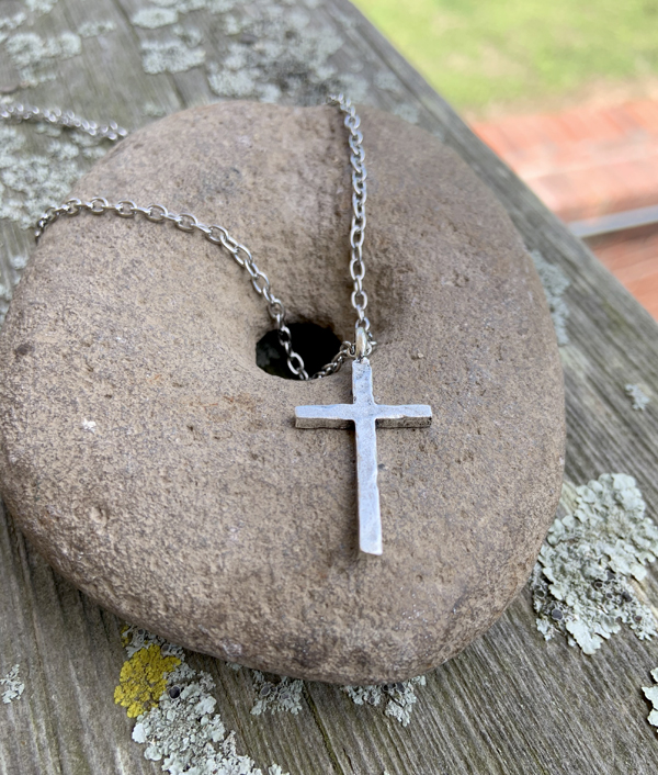 Pewter Hammered Unisex Cross Pendant Stainless Steel Necklace